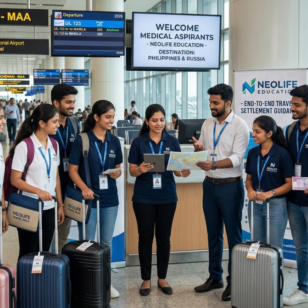 Study MBBS abroad students travelling abroad from airport with guidance of neolife staff