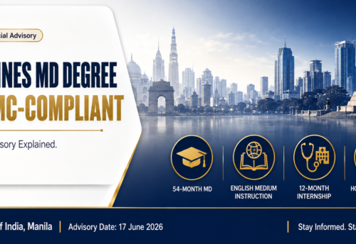 Philippines MD degree NMC compliance advisory infographic — 54-month programme, English medium, 12-month internship