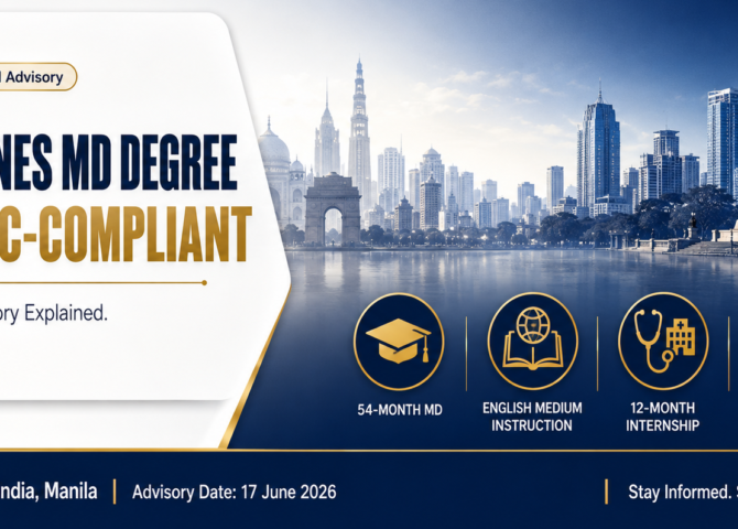 Philippines MD degree NMC compliance advisory infographic — 54-month programme, English medium, 12-month internship