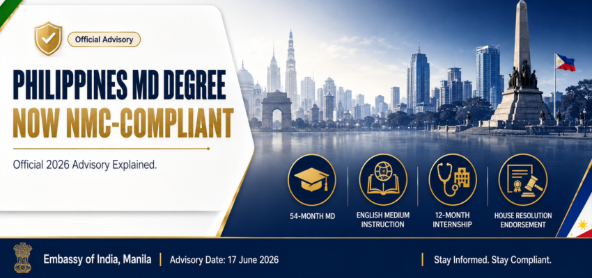 Philippines MD degree NMC compliance advisory infographic — 54-month programme, English medium, 12-month internship